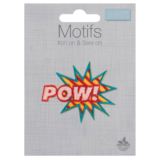 Embroidered patch with 'POW!' text in red, yellow, blue and white