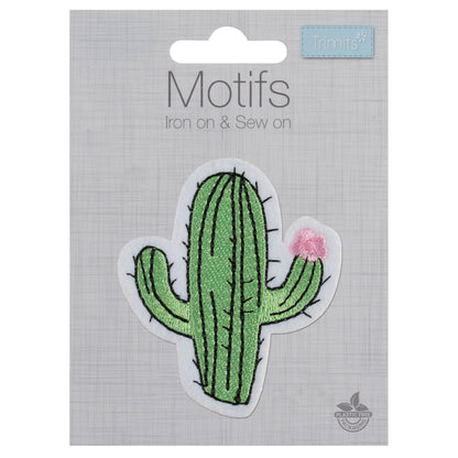 Cactus-shaped iron-on/sew-on motif with a pink flower