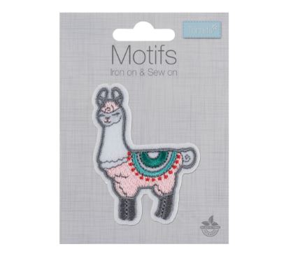 Pink and white llama embroidered motif with green blanket on its back