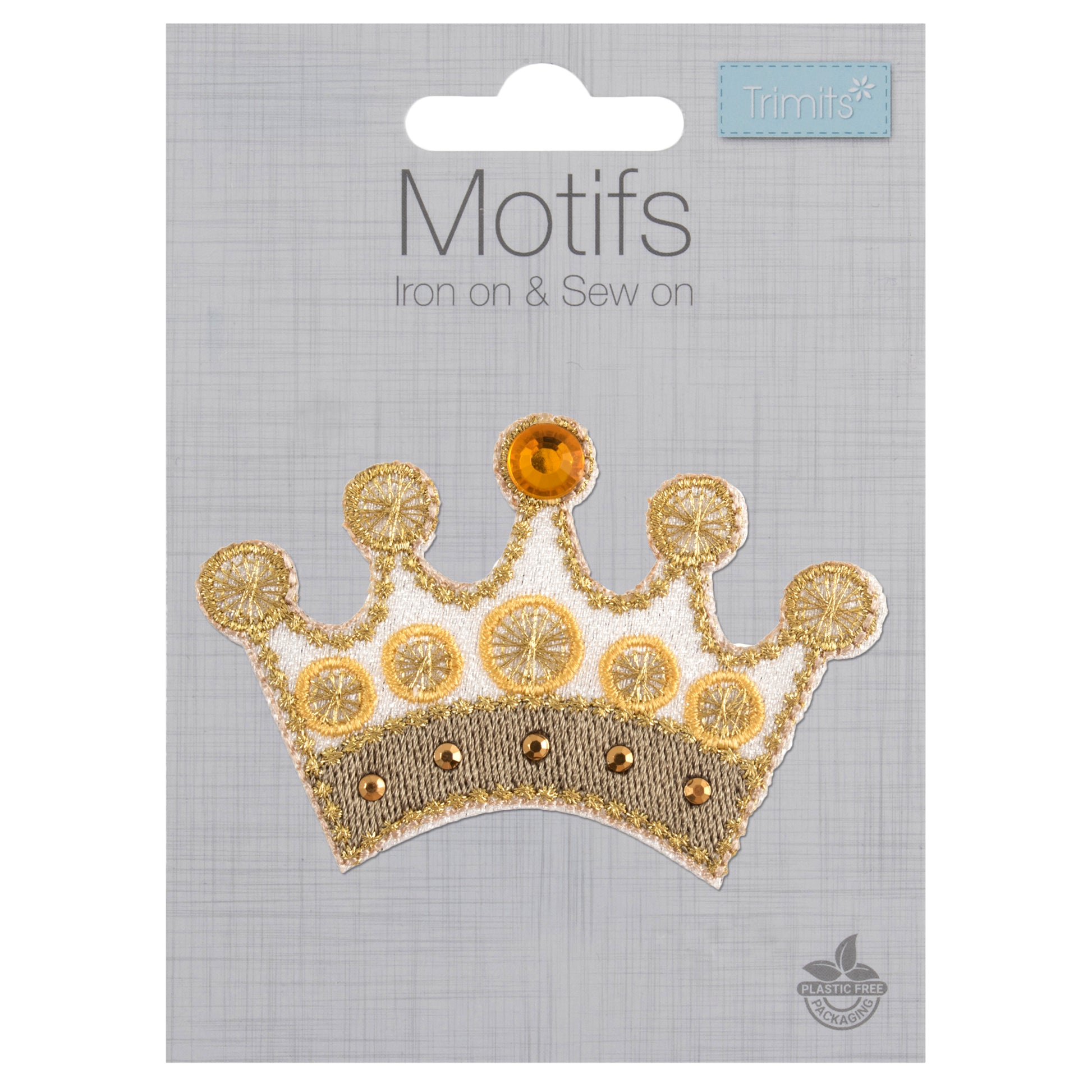Gold crown-shaped embroidered motif with a yellow stone at the top