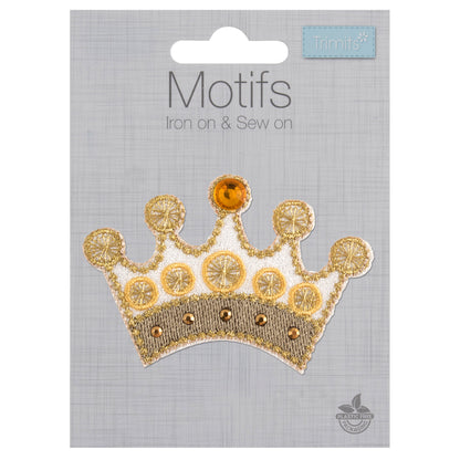 Gold crown-shaped embroidered motif with a yellow stone at the top