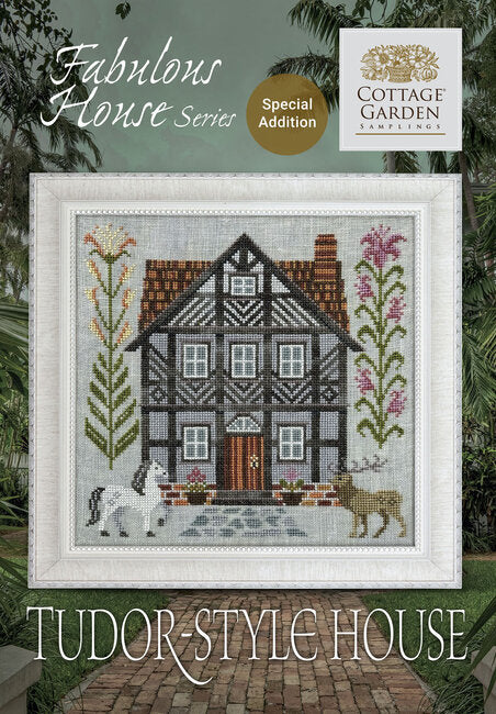 A tudor-style house with a horse and stag at the front and 2 flowering vines growing up either side of the house.