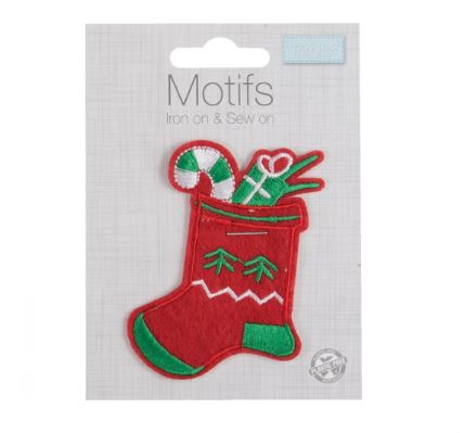 A red and green Christmas stocking embroidered motif filled with gifts